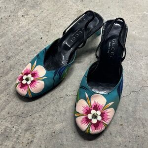 VTG Gucci Spring 1999 Tom Ford Iconic Runway Blue Floral Slingback Mules Sz 6.5